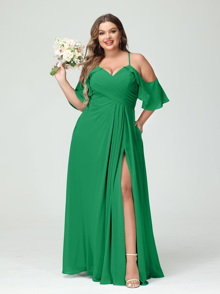 A-Line/Princess Spaghetti Straps Short Sleeves Chiffon Plus Size Bridesmaid Dresses with Pockets,Ruched Split Side