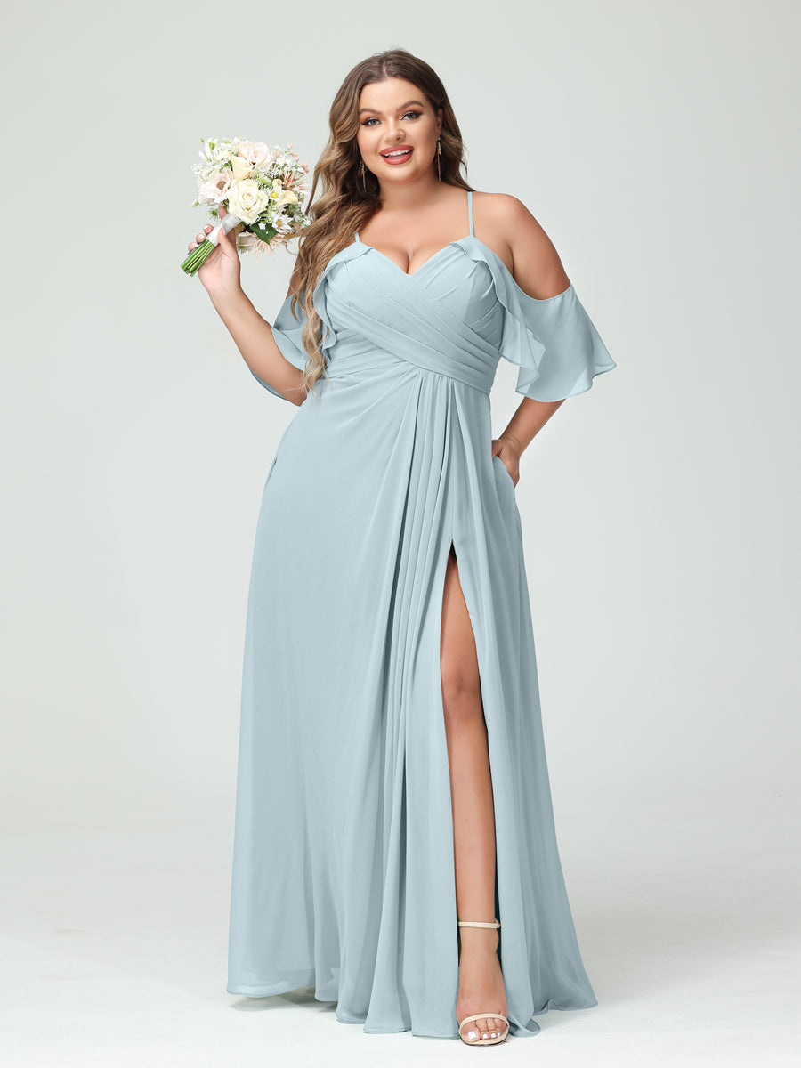 A-Line/Princess Spaghetti Straps Short Sleeves Chiffon Plus Size Bridesmaid Dresses with Pockets,Ruched Split Side