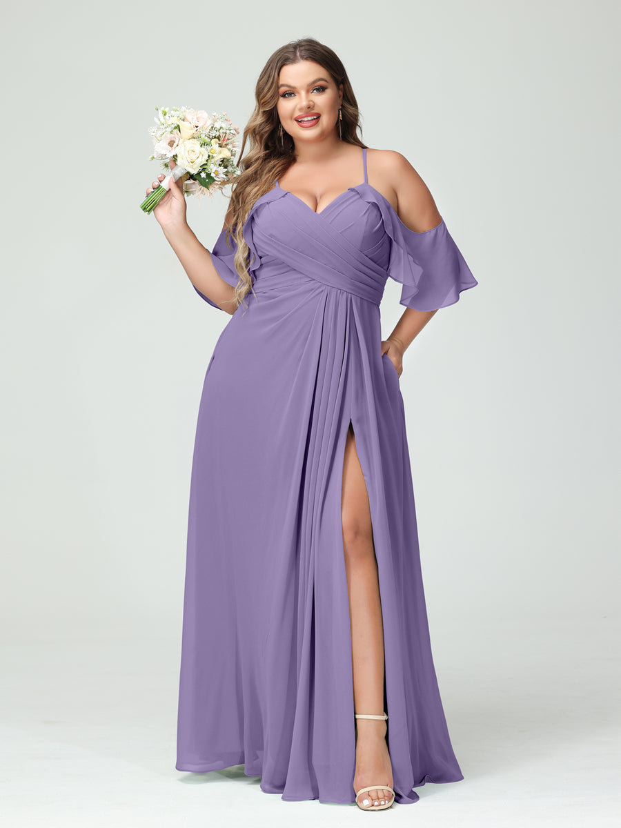 A-Line/Princess Spaghetti Straps Short Sleeves Chiffon Plus Size Bridesmaid Dresses with Pockets,Ruched Split Side