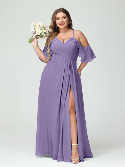 A-Line/Princess Spaghetti Straps Short Sleeves Chiffon Plus Size Bridesmaid Dresses with Pockets,Ruched Split Side