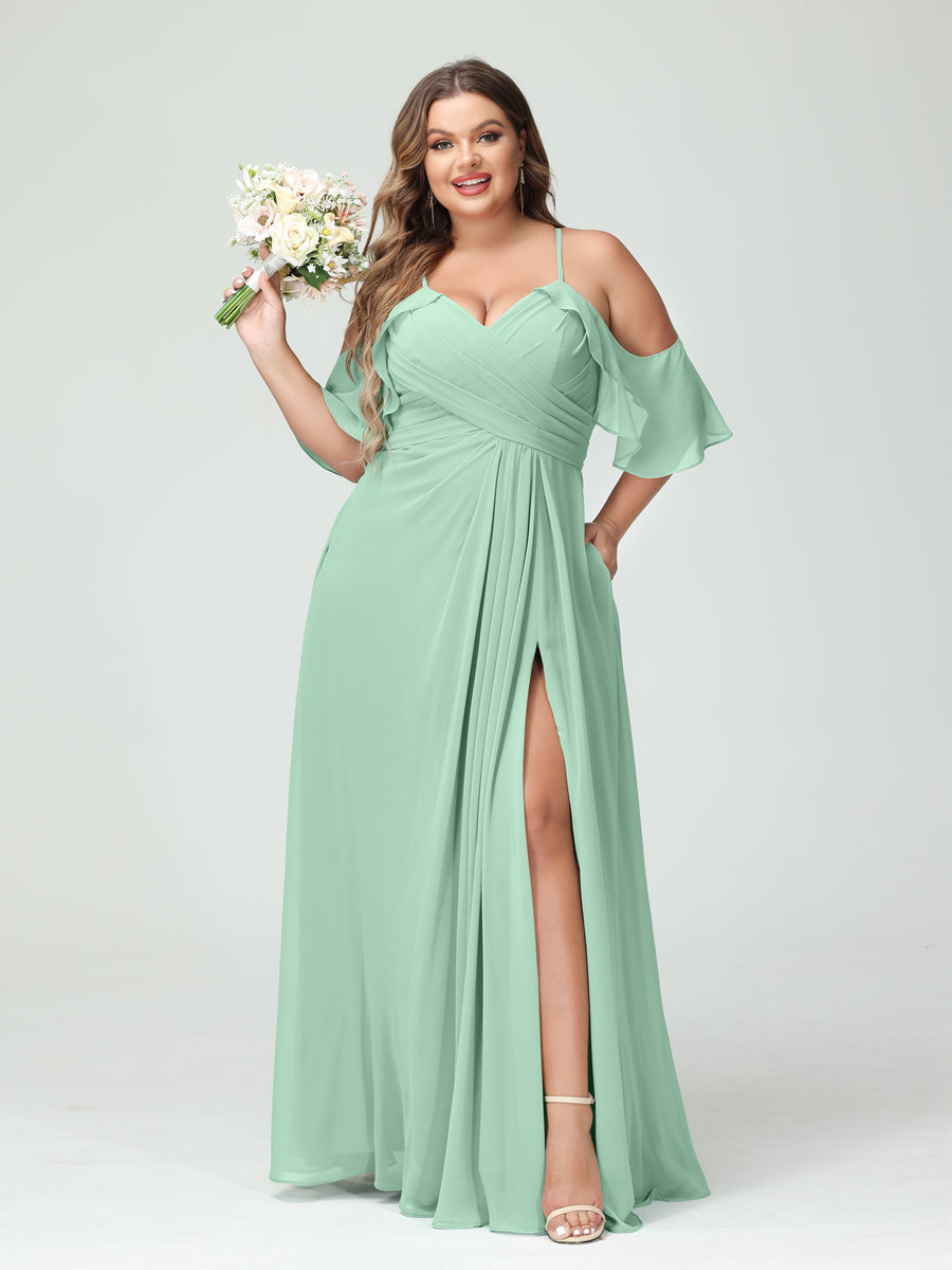 A-Line/Princess Spaghetti Straps Short Sleeves Chiffon Plus Size Bridesmaid Dresses with Pockets,Ruched Split Side