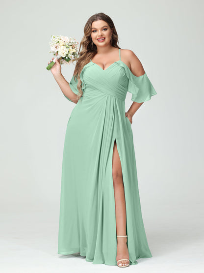 A-Line/Princess Spaghetti Straps Short Sleeves Chiffon Plus Size Bridesmaid Dresses with Pockets,Ruched Split Side