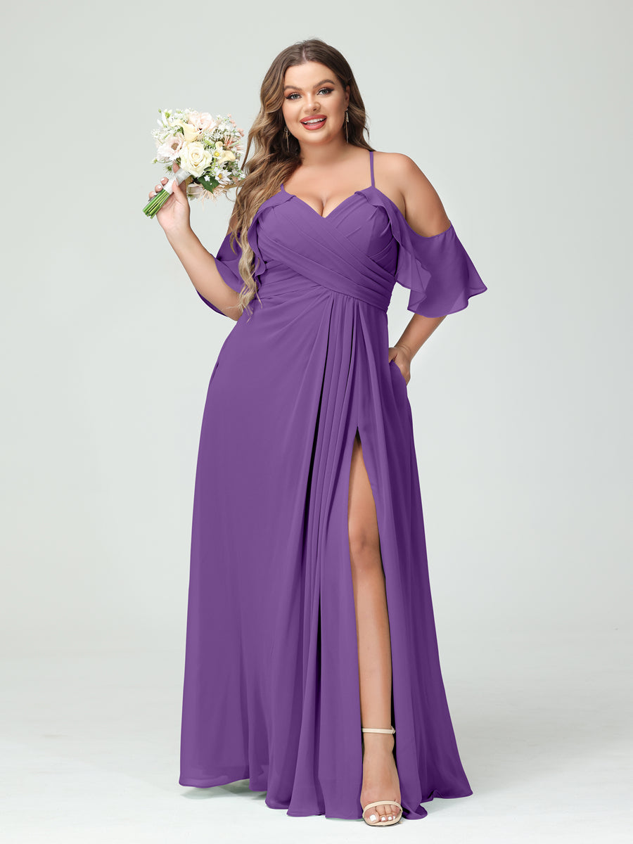 A-Line/Princess Spaghetti Straps Short Sleeves Chiffon Plus Size Bridesmaid Dresses with Pockets,Ruched Split Side