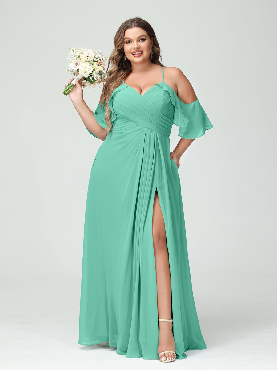 A-Line/Princess Spaghetti Straps Short Sleeves Chiffon Plus Size Bridesmaid Dresses with Pockets,Ruched Split Side