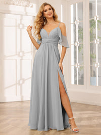 A-Line/Princess Spaghetti Straps V-Neck Floor-Length Bridesmaid Dresses with Split Side
