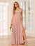A-Line/Princess V-Neck Short Sleeves Floor-length Bridesmaid Dresses with Split Side