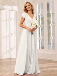 A-Line/Princess V-Neck Short Sleeves Long Bridesmaid Dresses with Ruffles