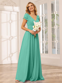 A-Line/Princess V-Neck Short Sleeves Long Bridesmaid Dresses with Ruffles