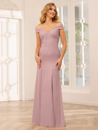 Sheath/Column Off-the-Shoulder Long Bridesmaid Dresses with Split Side