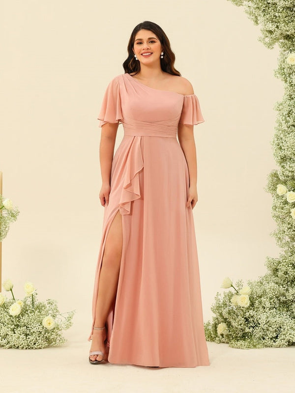 A-Line/Princess One-Shoulder Floor-Length Split Side Plus Size Bridesm