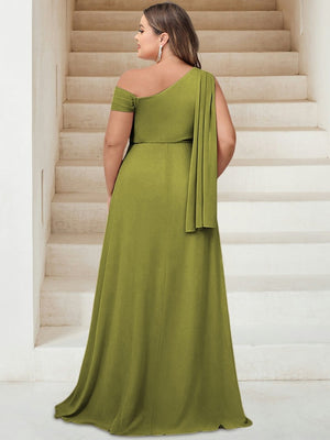 A-Line/Princess Plus Size Bridesmaid Dresses Ruched One-Shoulder Floor-Length Sleeveless With Cape