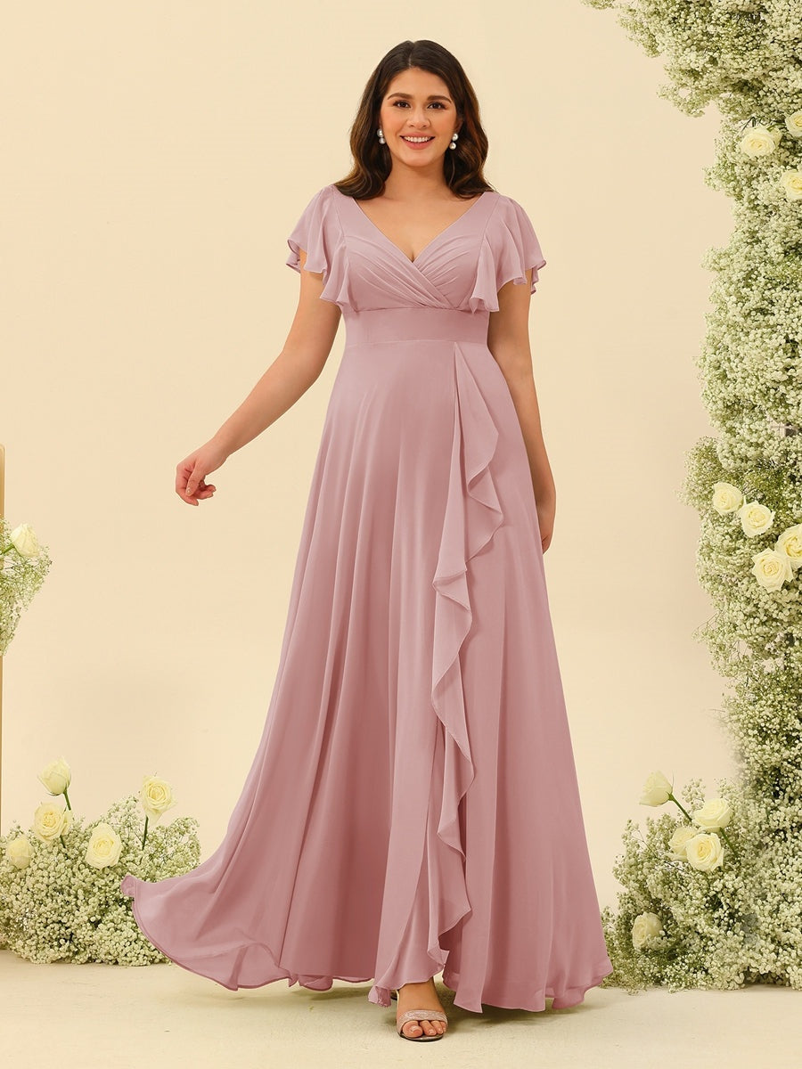 Nafori Dusty Rose A-Line/Princess V-Neck Plus Size Bridesmaid Dresses with Ruffles 2026