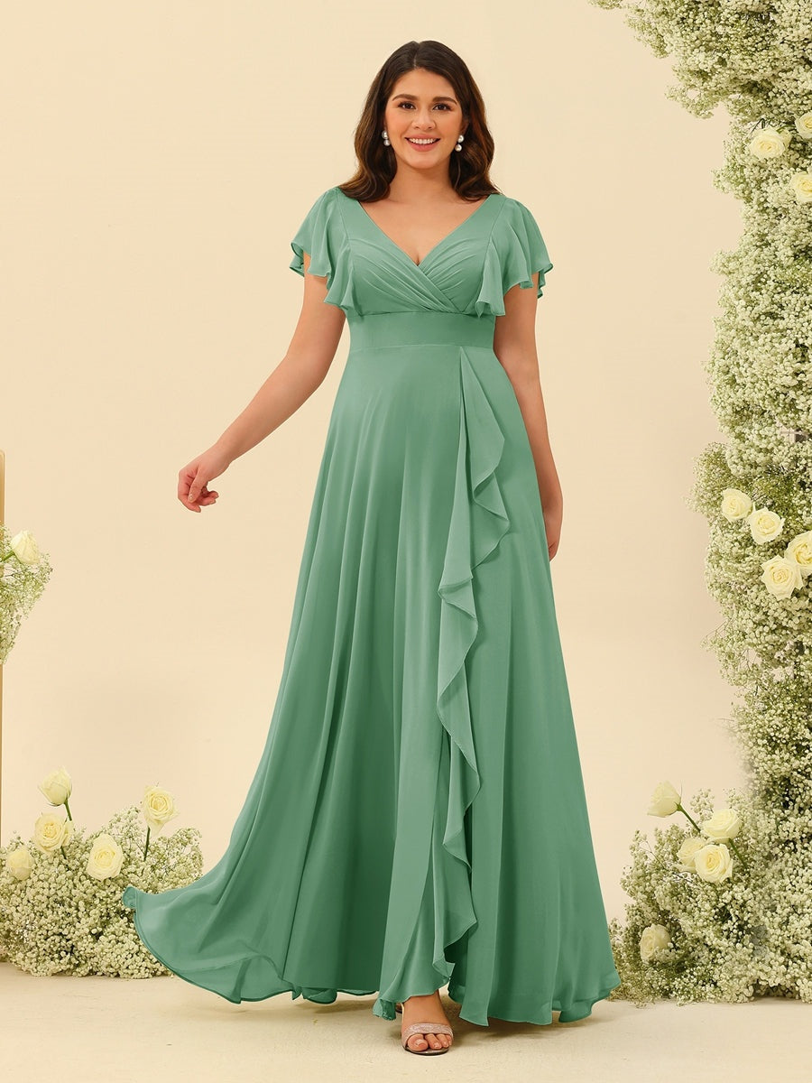 Nafori Eucalyptus A-Line/Princess V-Neck Plus Size Bridesmaid Dresses with Ruffles 2026
