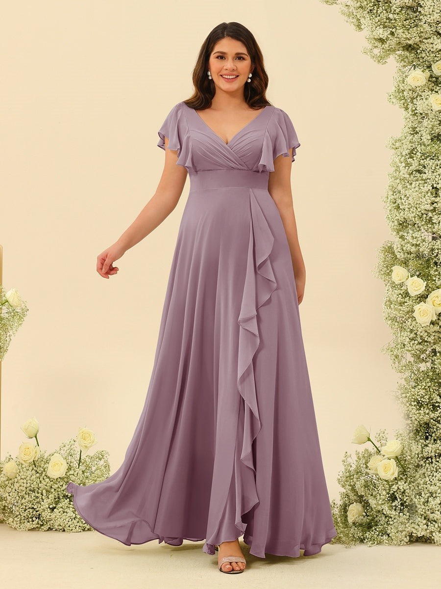 Nafori Mauve A-Line/Princess V-Neck Plus Size Bridesmaid Dresses with Ruffles 2026