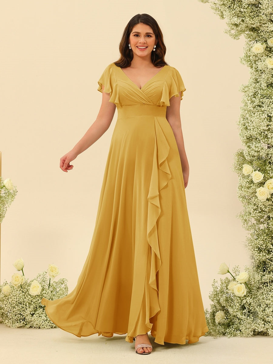 Nafori Mustard Yellow A-Line/Princess V-Neck Plus Size Bridesmaid Dresses with Ruffles 2026