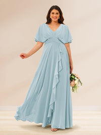 A-Line/Princess V-Neck Short Sleeves Plus Size Bridesmaid Dresses with Pockets