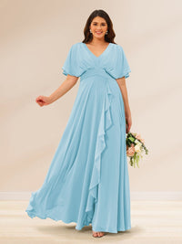 A-Line/Princess V-Neck Short Sleeves Plus Size Bridesmaid Dresses with Pockets