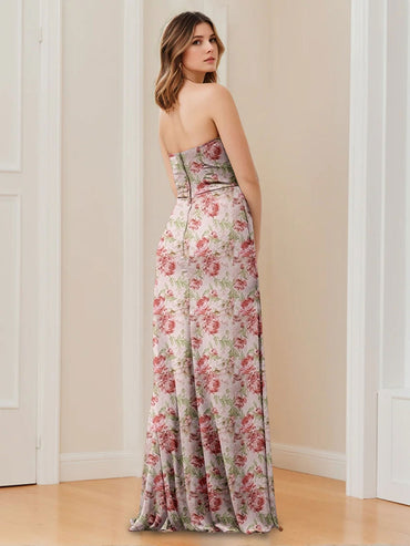 Sheath/Column Strapless Sleeveless Floor-Length Printed Floral Ruched Bridesmaid Dresses with Split Side
