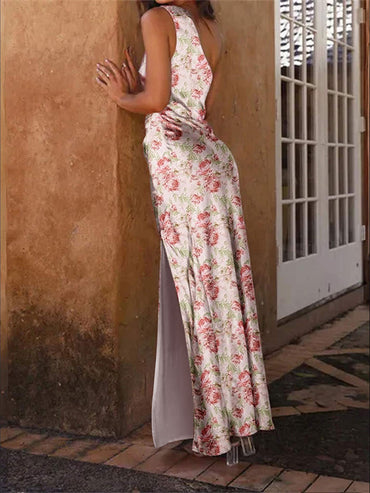 Sheath/Column One-Shoulder Sleeveless Printed Floral Ruched Bridesmaid Dresses with High Split