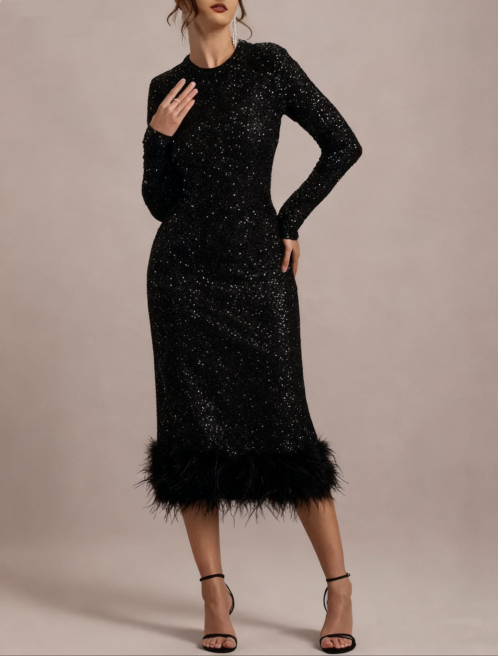 Mermaid Cocktail Dresses Sparkling Party Dress Long Sleeve Tea Length Sequin Feather Black Dress