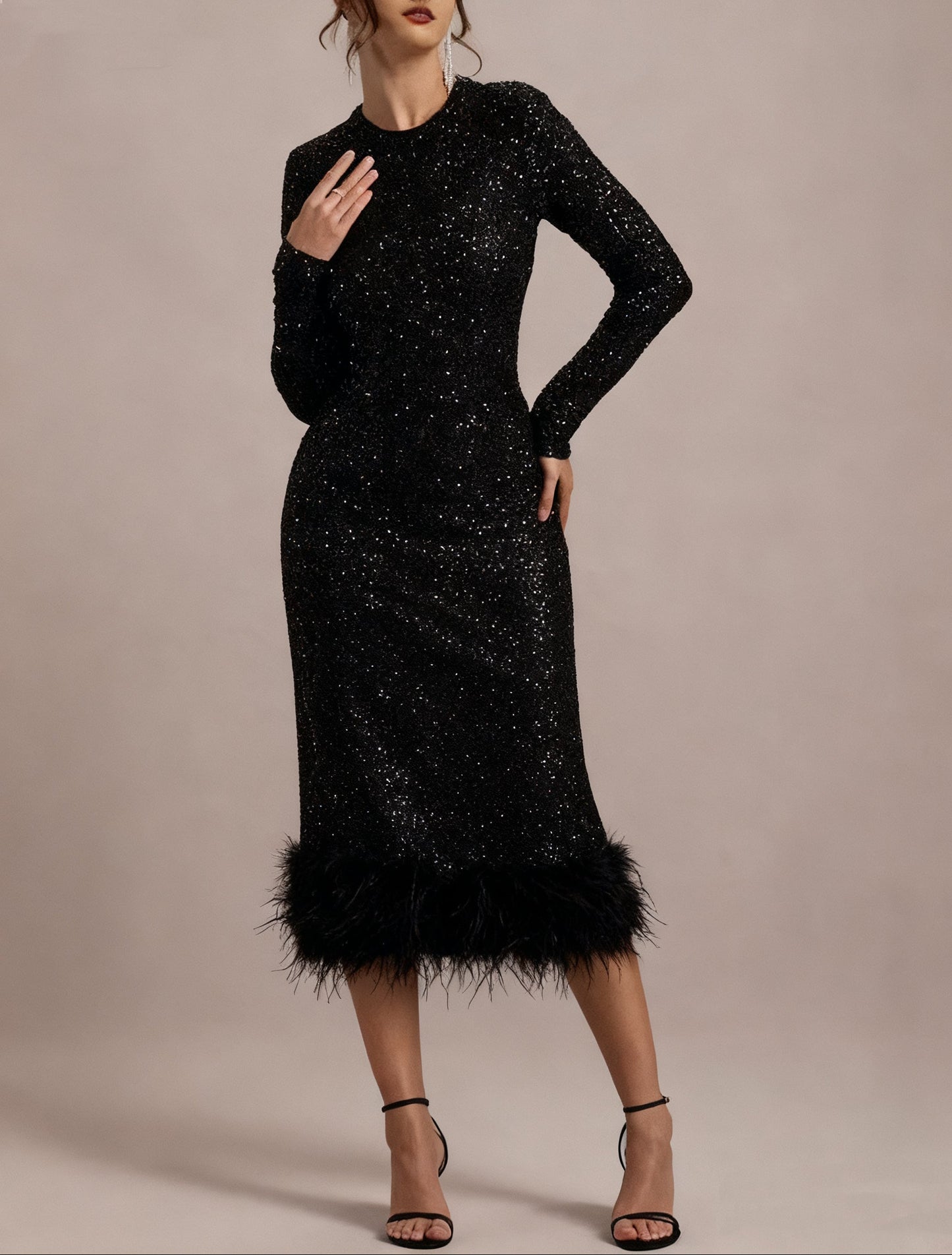 Mermaid Cocktail Dresses Sparkling Party Dress Long Sleeve Tea Length Sequin Feather Black Dress
