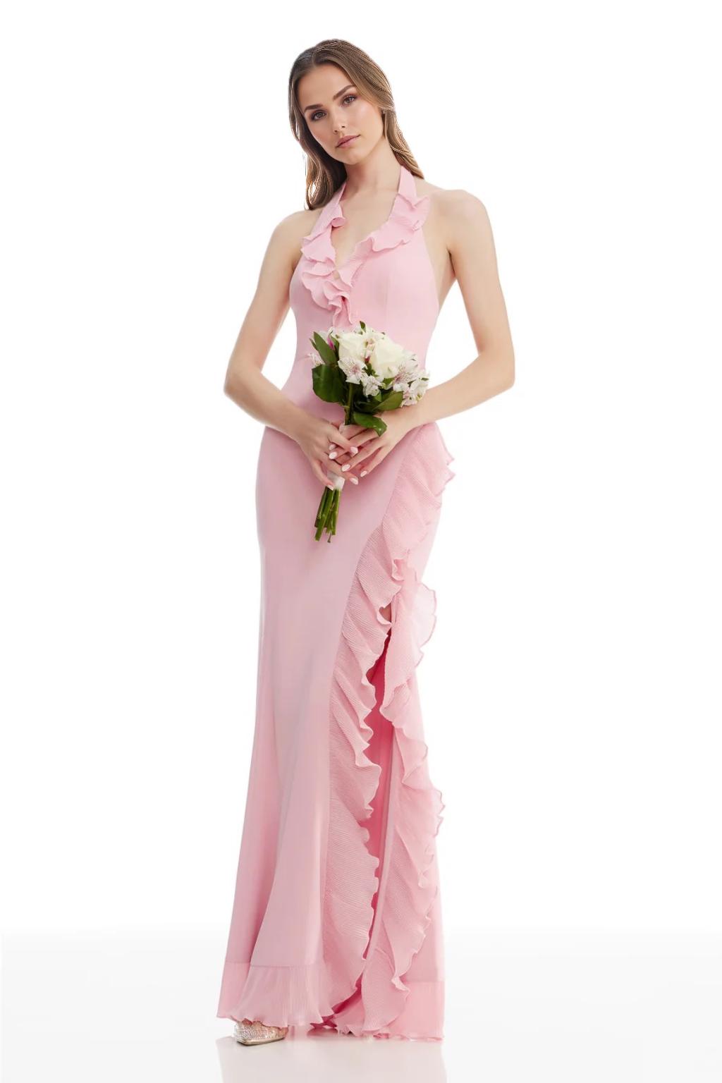 A-Line/Princess Chiffon Bridesmaid Dresses Floor-Length Halter&V-Neck Sleeveless Back Zipper Wedding Guest Dresses With Side Slit&Ruffle