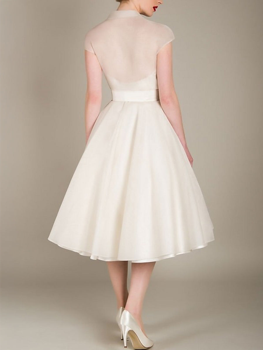 A-Line/Princess Little White Dress Organza Formal/Wedding Dresses Sweetheart&V-Neck Short Sleeves Tea-Length Cocktail Dresses With Sash / Ribbon