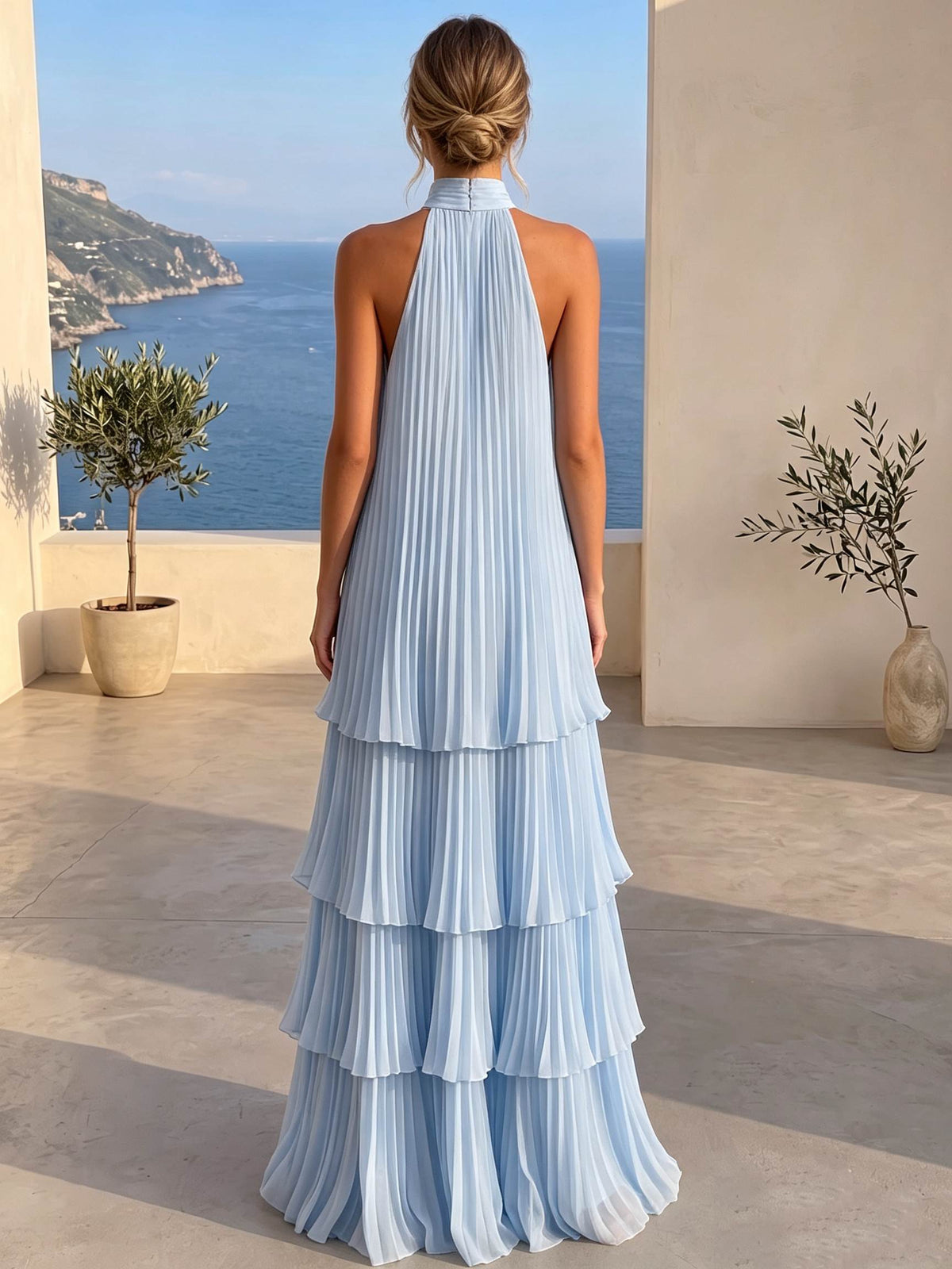 A Line/Princesses Evening Dresses Tiered Grecian Style Chiffon Halter Neck Floor-Length Formal Dress Wedding Guest Summer Dress