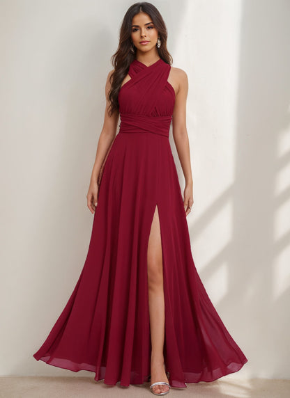 A-Line/Princess  Halter One Shoulder V-Neck Floor-Length Chiffon Bridesmaid Dress