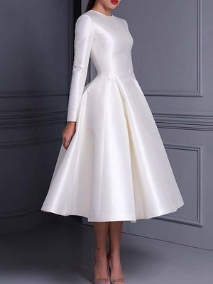 Ball Gown Little White Dresses For Formal/Wedding Dresses Jewel Neck Long Sleeves Tea Length Satin Cocktail Dresses With Pleats