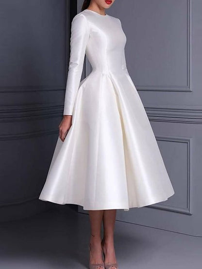Ball Gown Little White Dresses For Formal/Wedding Dresses Jewel Neck Long Sleeves Tea Length Satin Cocktail Dresses With Pleats