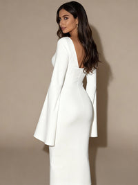 Sheath/Column Little White Dresses For Wedding Scoop Neck Long Sleeves Tea Length Satin Formal Dresses With Back Zipper