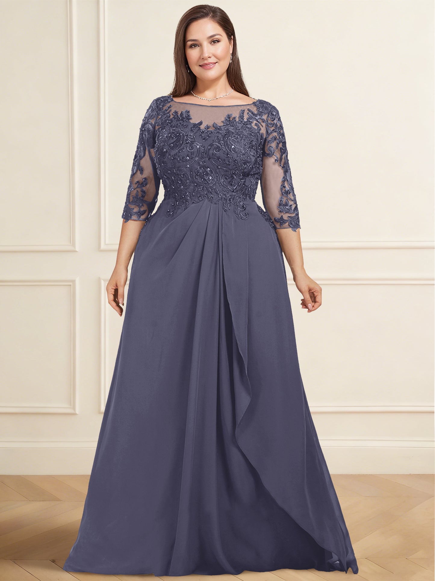 Sheath/Column Mother of the Bride Dresses Chiffon Elegant Dress V Neck Short Sleeves Floor-Length With Sequins Appliques pleated