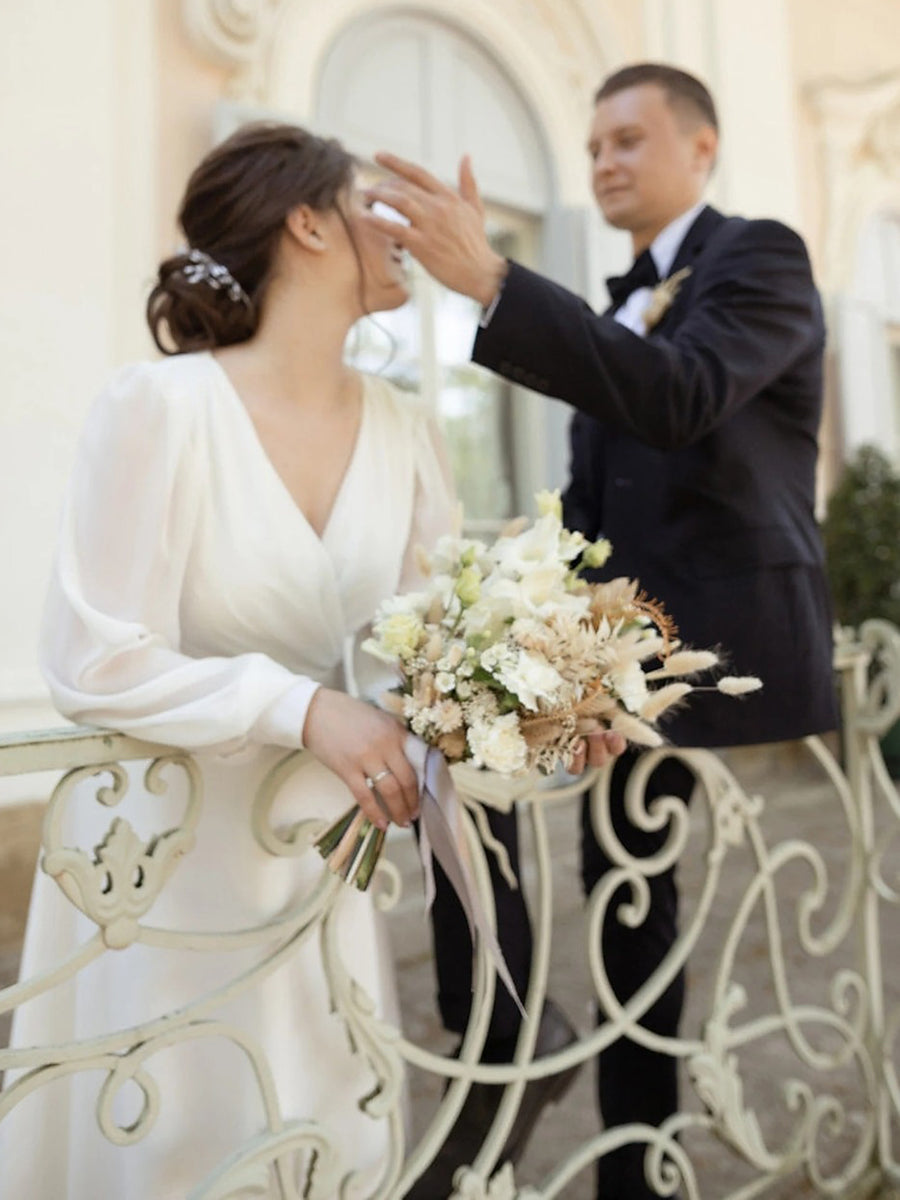 A-Line/Princess Little White Dresses For Formal/Wedding Dresses V-Neck Long Sleeves Ankle-Length Chiffon Daily Dresses With Pleats&Back Zipper