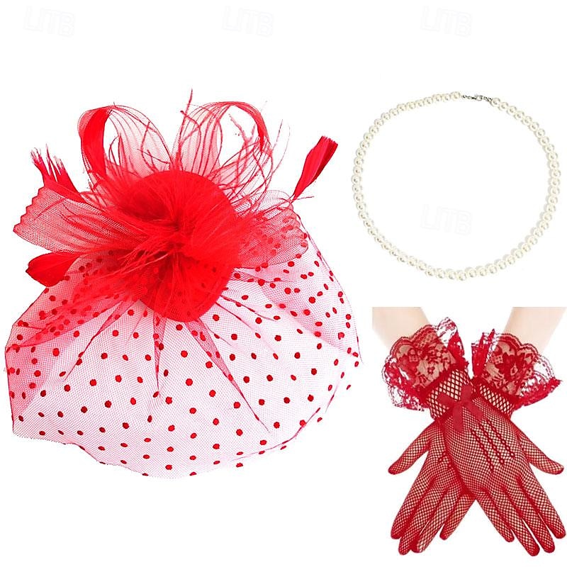 Vintage 1950s Tiara Gloves Necklace Accessories Set