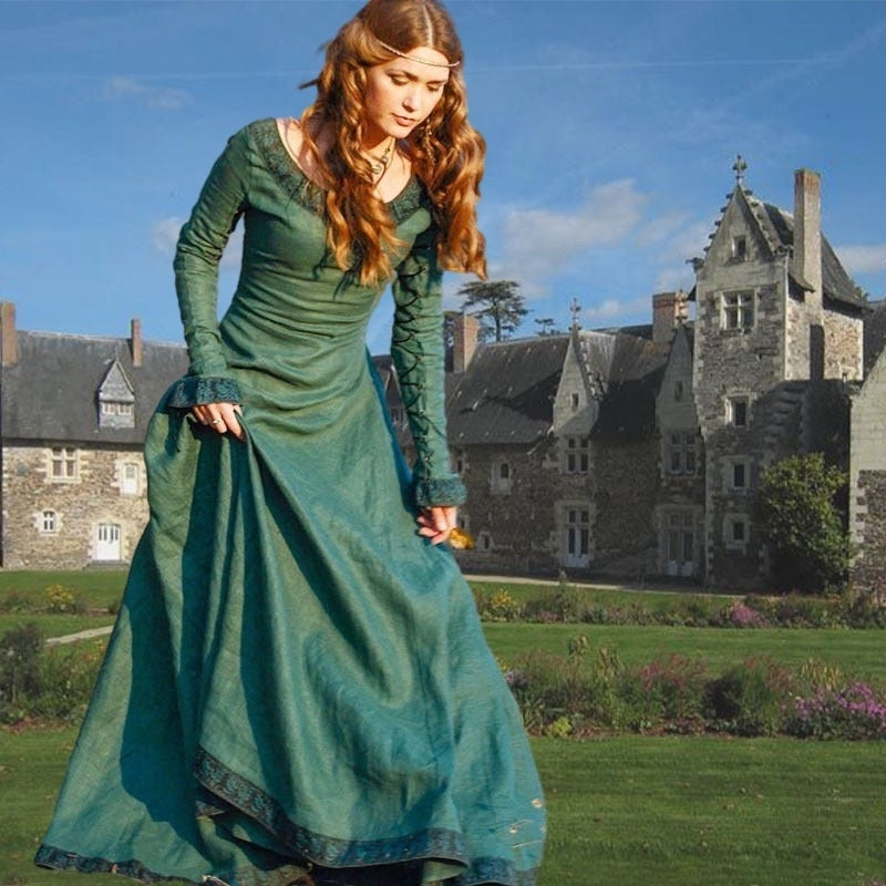 Retro Vintage Medieval A-Line/Princess Round Neck Long Sleeves Floor-Length Viking Halloween Performance Evening & Prom Dress