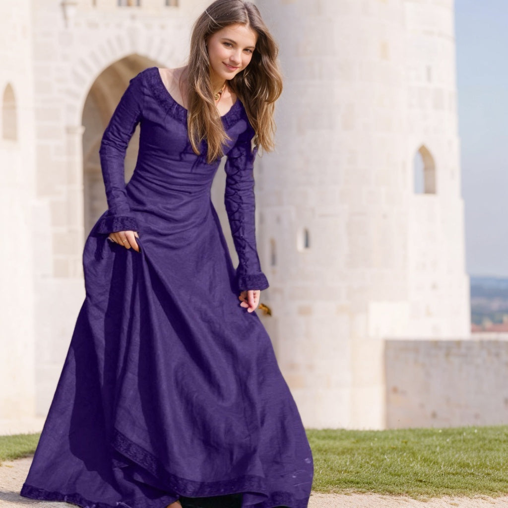 Retro Vintage Medieval A-Line/Princess Round Neck Long Sleeves Floor-Length Viking Halloween Performance Evening & Prom Dress