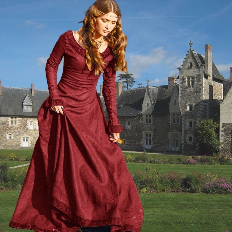 Retro Vintage Medieval A-Line/Princess Round Neck Long Sleeves Floor-Length Viking Halloween Performance Evening & Prom Dress