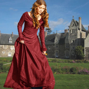Retro Vintage Medieval A-Line/Princess Round Neck Long Sleeves Floor-Length Viking Halloween Performance Evening & Prom Dress