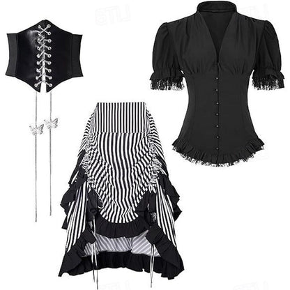 A-Line/Princess V-Neck Short Sleeves Asymmetrical Retro Vintage Steampunk Pirate Royal Halloween Carnival Party Dress