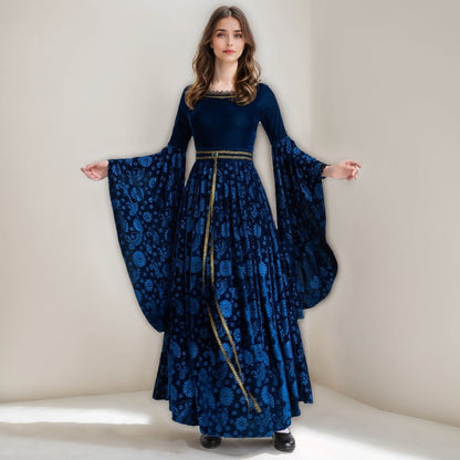 A-Line/Princess Scoop Neck Long Sleeves Ankle-Length Medieval Halloween Court Witch Dress with Cloak