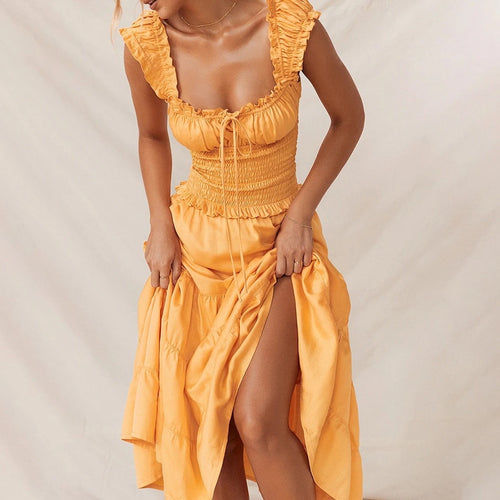 A-Line/Princess Square Neck Sleeveless Tea-Length Retro Vintage Halloween Dress with Ruffles & Split Side