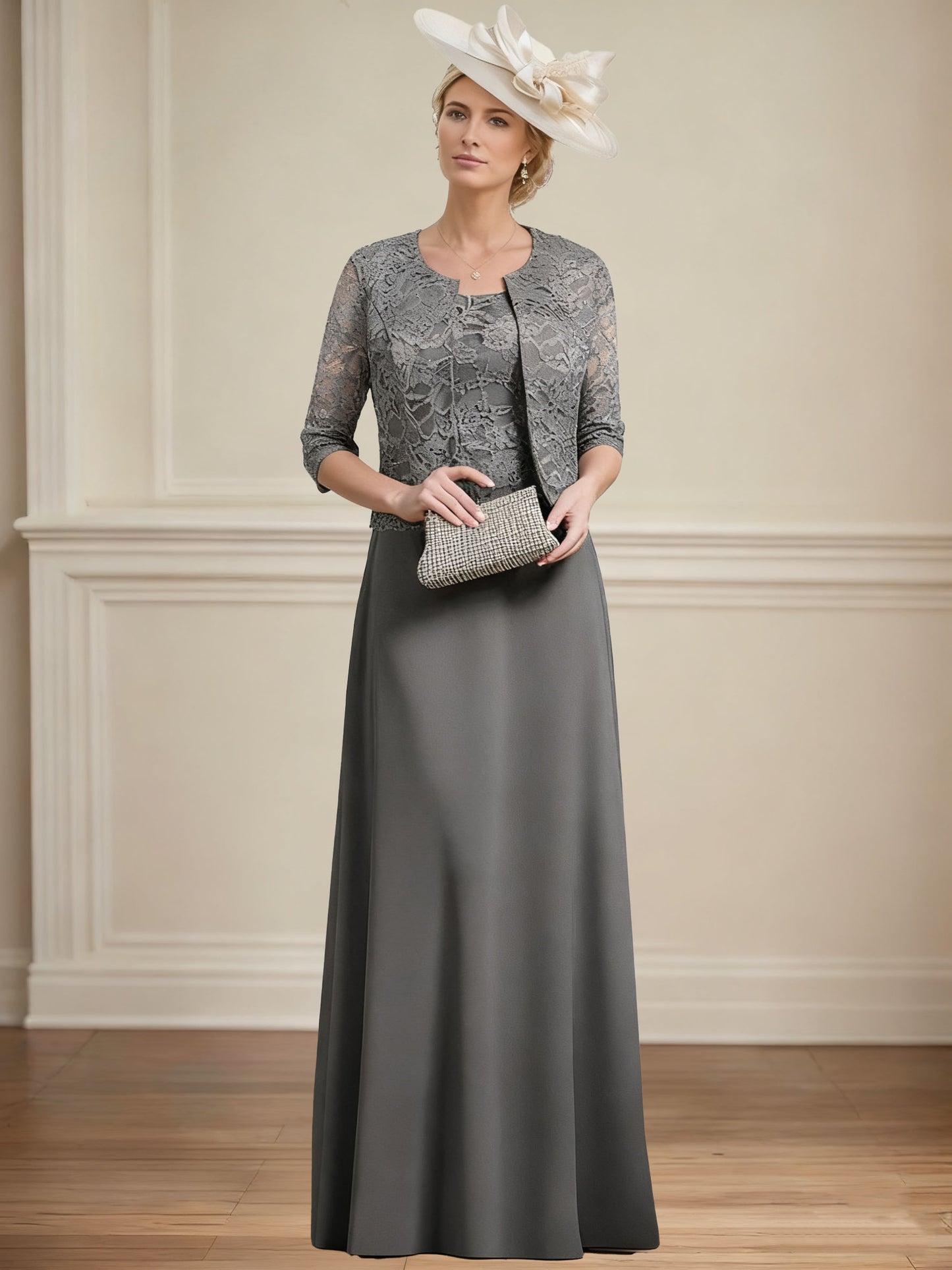 Sheath/Column Chiffon Floor Length 1/2 Sleeves Scoop Lace Mother of the Bride Dresses