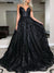 A-Line/Princess Black Prom Dress Sequin V-neck Sweep/Brush Train Long Evening Dresses