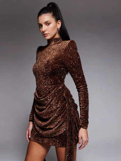 Mermaid Christmas Party Dresses Sequins Cocktail Short/Mini High Neck Long Sleeves Homecoming Ruched