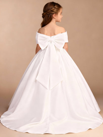 Ball Gown Flower Girl Dresses Satin Birthday Dresses Off-the-Shoulder Sleeveless Sweep/Brush Train Party Dresses With Bow
