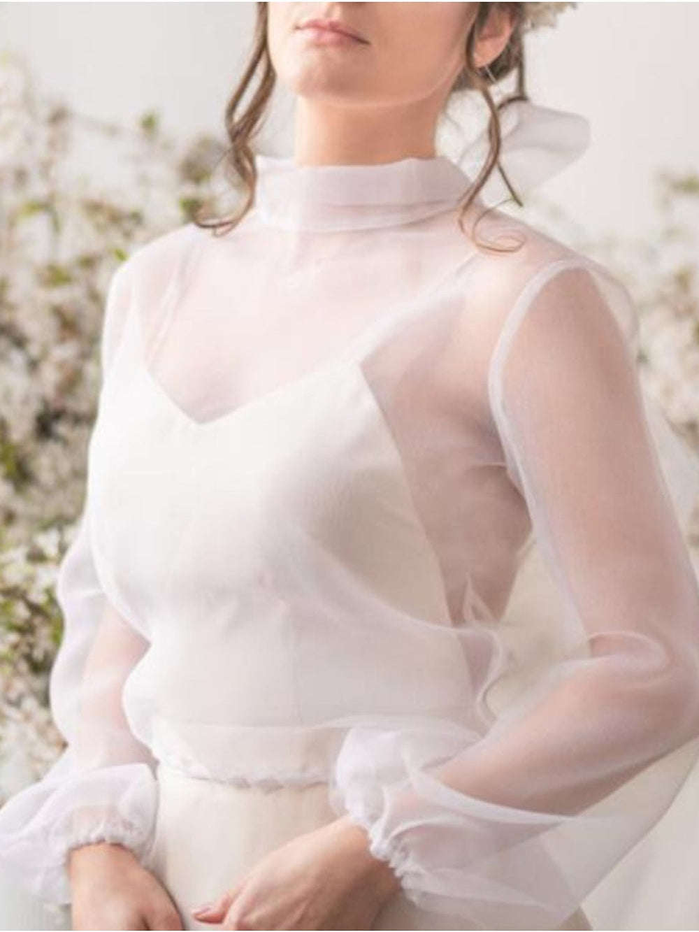 波丽露薄纱外套/夹克长袖新娘欧根纱带蝴蝶结婚纱披肩
