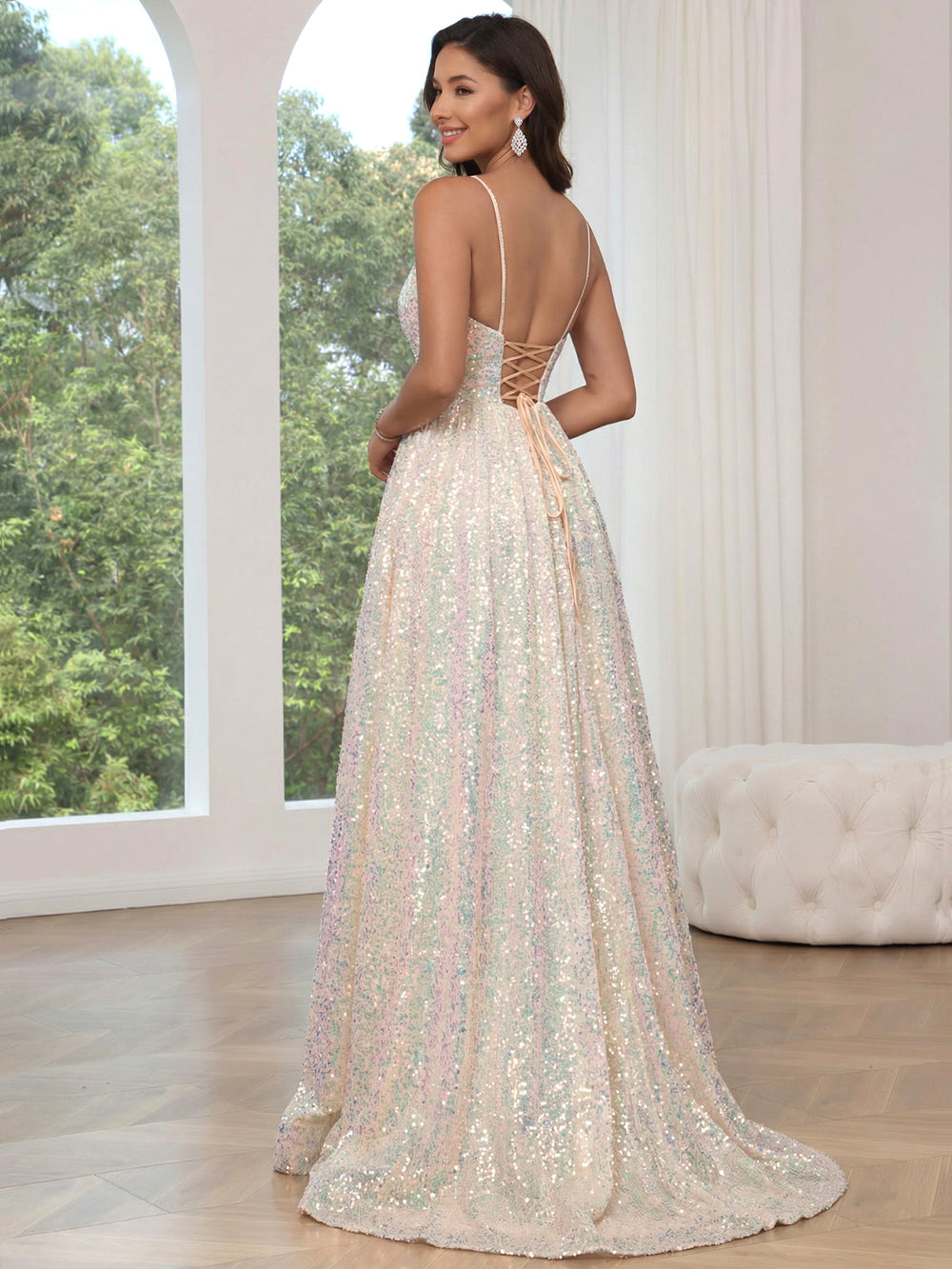 A-Line/PrincessSparkle Sequin Prom Dress Spaghetti Straps Long Formal Dresses