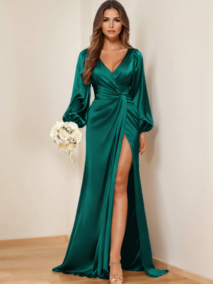 A-Line/Princess Satin V-Neck Long Sleeves Floor-Length Bridesmaid Dresses With High Side Split&Pleats