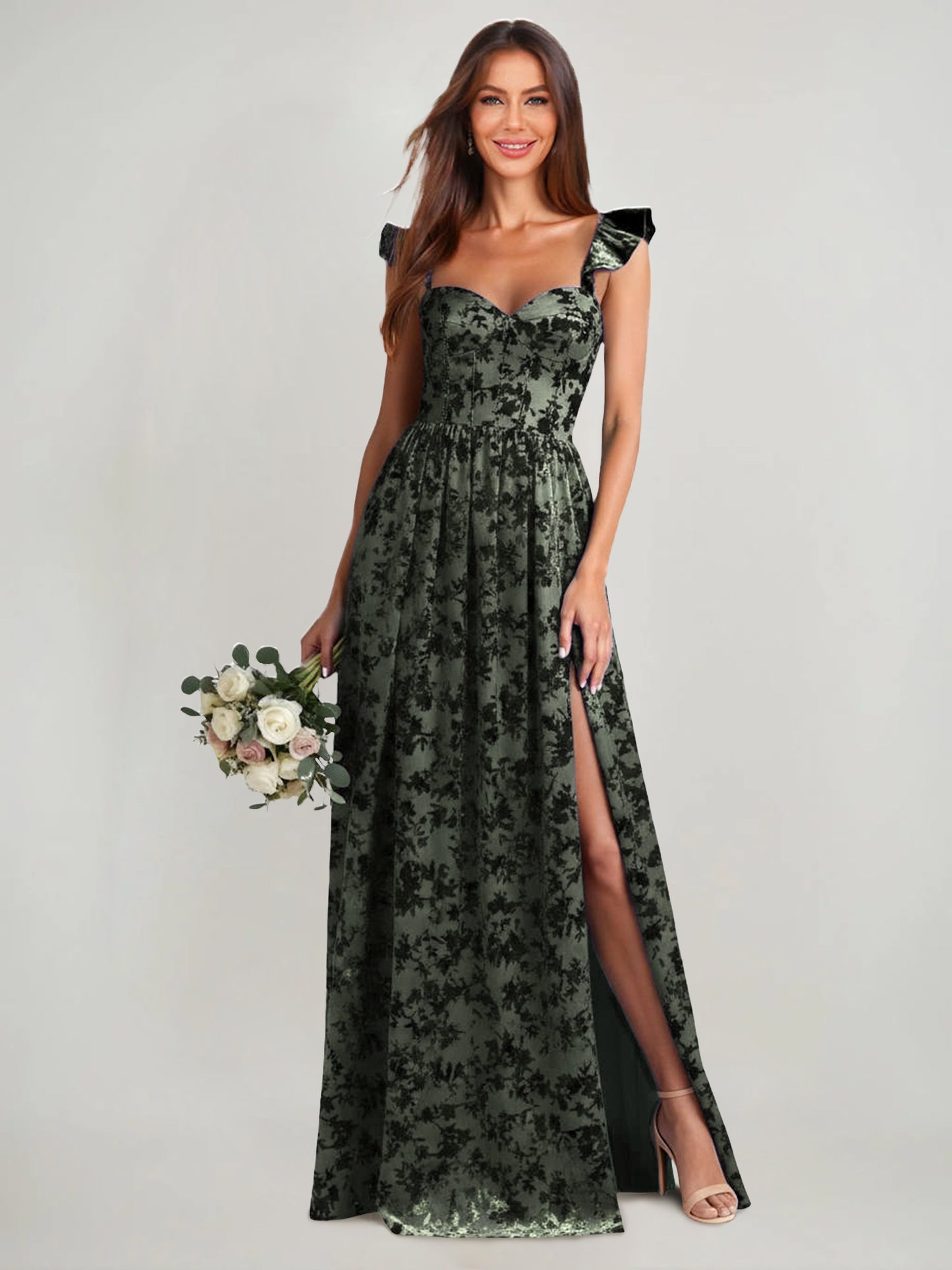 A-Line/Princess Velvet Wedding Guest Dress  Flying Sleeves Floor Length Bridesmaid Dress With High Side Split&Pleats
